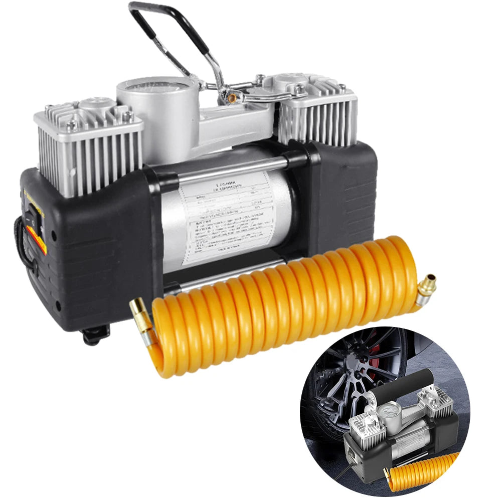12V 150PSI Portable Air Compressor Dual Cylinder Car Tire Pump Car Tire Inflatable Pump Heavy Duty Portable Metal Air Compressor